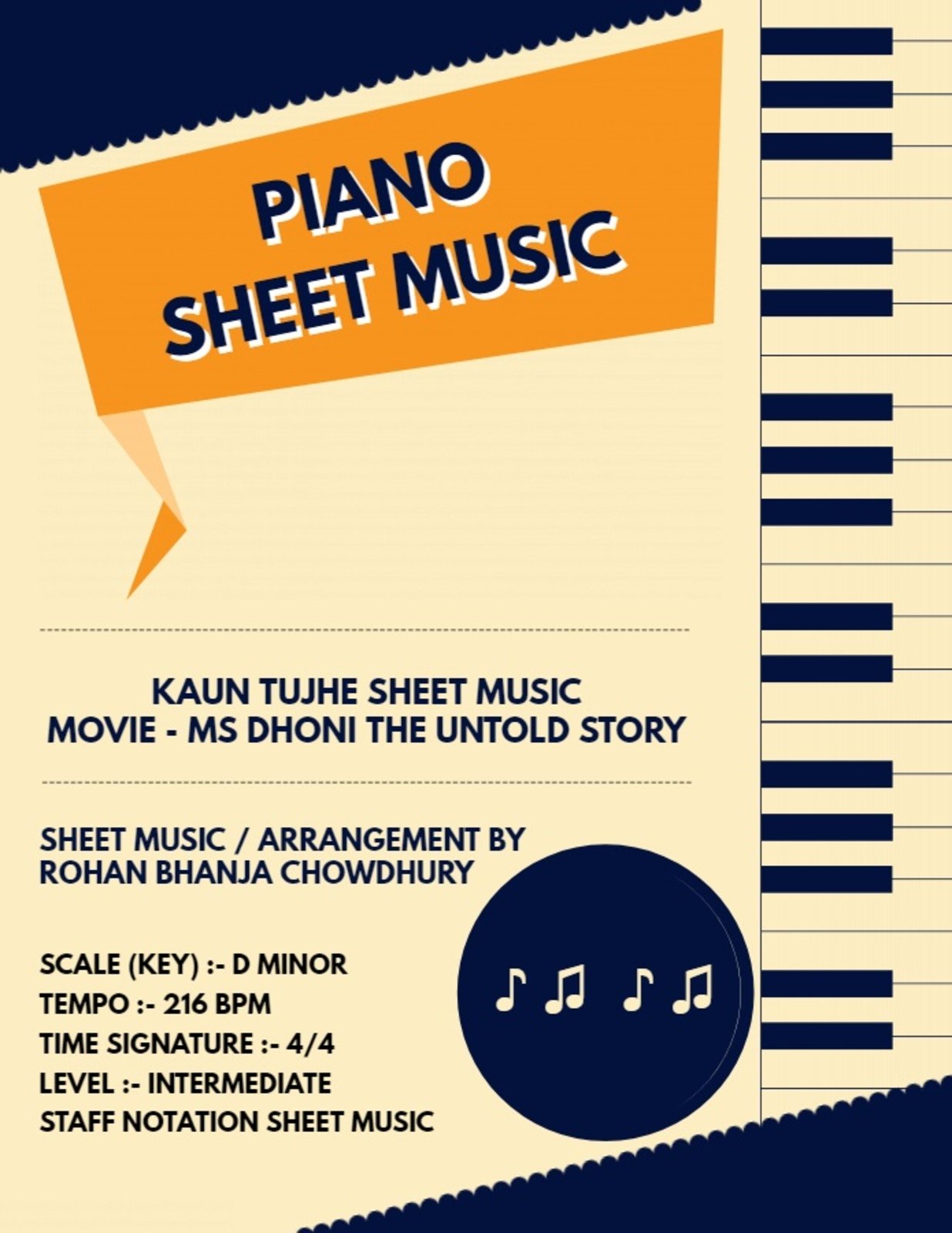 Kaun Tujhe Staff Notation Sheet Music : Bollywood Songs On Piano Staff Notation Sheet Music