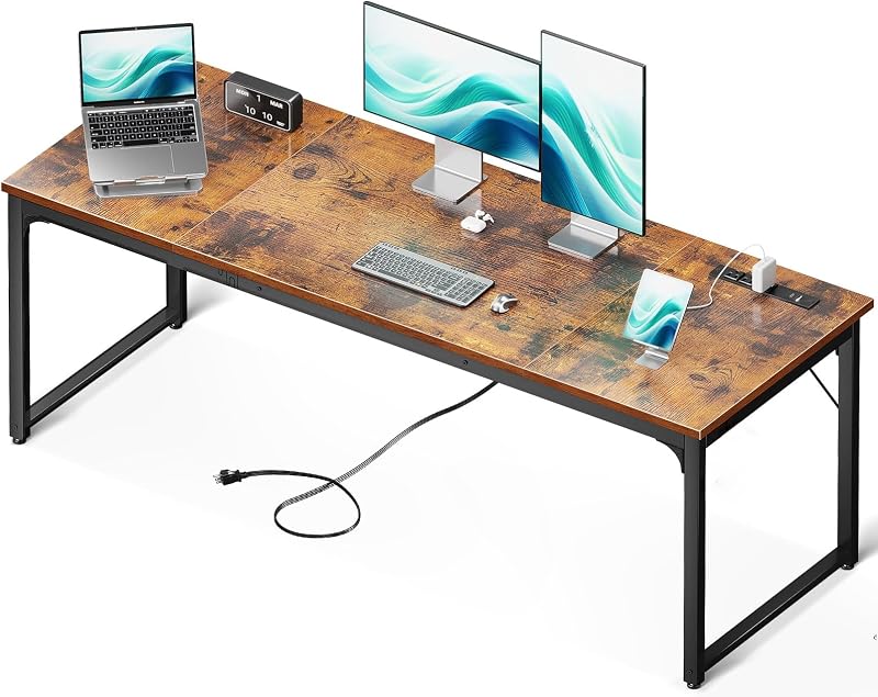 Coleshome Escritorio para computadora de 71 pulgadas con puertos USB, escritorio de oficina grande, escritorio largo para estudiantes de estudio, marrón rústico | Espacio de trabajo extralargo • Se adapta a dos monitores • Estructura de acero estable • Amplio espacio para las piernas • Oficina en casa y juegos