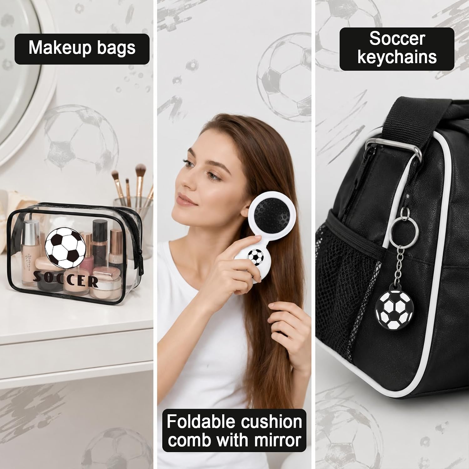 60 Pcs Soccer Party Favors - 12 Sets Makeup Bag Bracelets Keychains Hair Scrunchies Foldable Mini Brush with Mirror, Soccer Gifts for Girls Women Sport Team Players, Soccer Goodie Bag Stuffers
