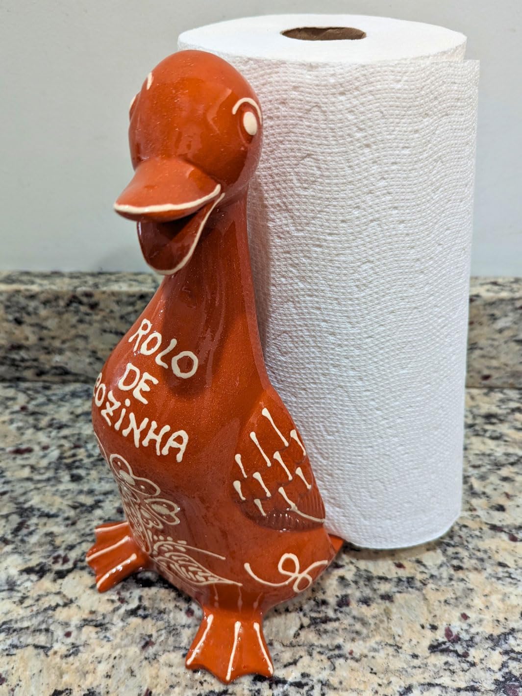 Handmade and Hand-Painted Portuguese Pottery Paper Towel Holder Duck