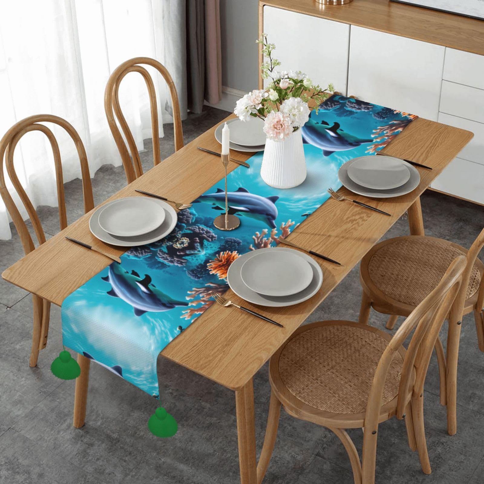 Chemin de table dauphin et corail pour décoration de table basse rustique