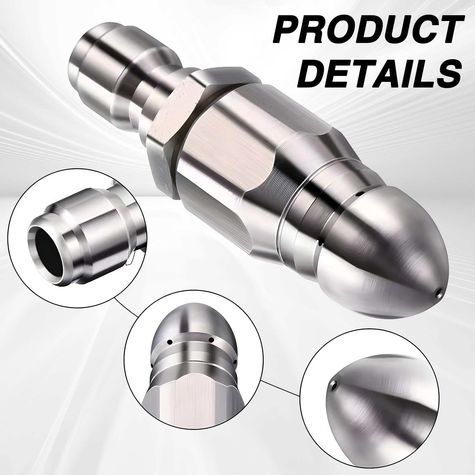 Boquilla de alta presión de acero inoxidable para desatascar tuberías de desagüe, boquilla de limpieza de alcantarillado de alta presión de acero inoxidable con conexión rápida de 1/4"
