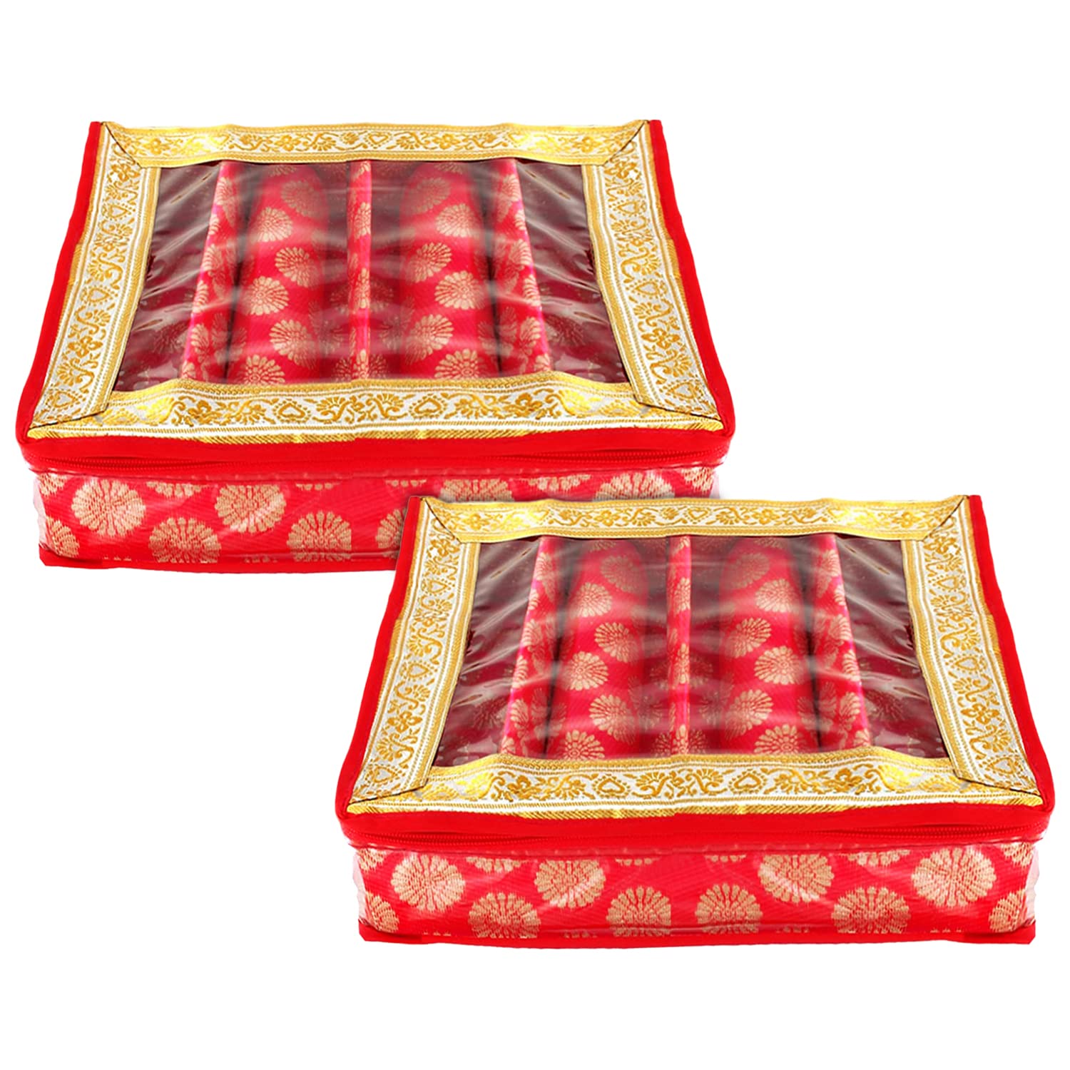 Kuber Industries Multipurpose Ornament Circle Design Laminated 4 Rod Bangle Box/Organizer/Case With Tranasparent Top - Pack of 2 (Red)-47KM0423