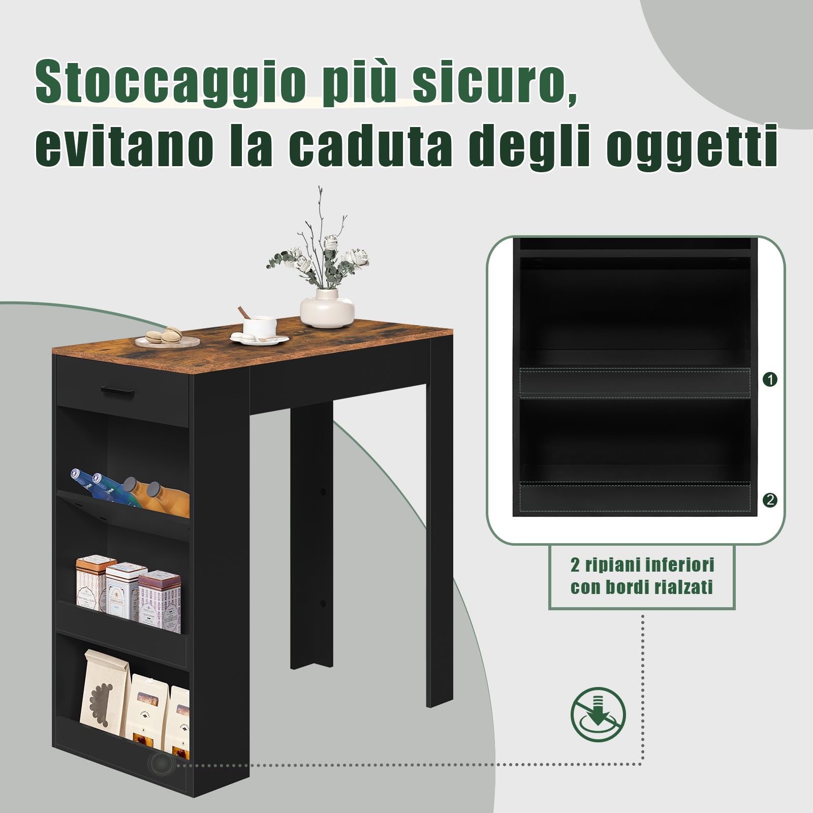 WOLTU Tavolo da Bar, Bancone da Bar con 1 Cassetto e 3 Ripiani, Tavolo Penisola per Cucina, Pub, Bistrot, Legno Ingegnerizzato (Senza assi di legno, Rustico + Nero, 100 x 50 x100 cm)