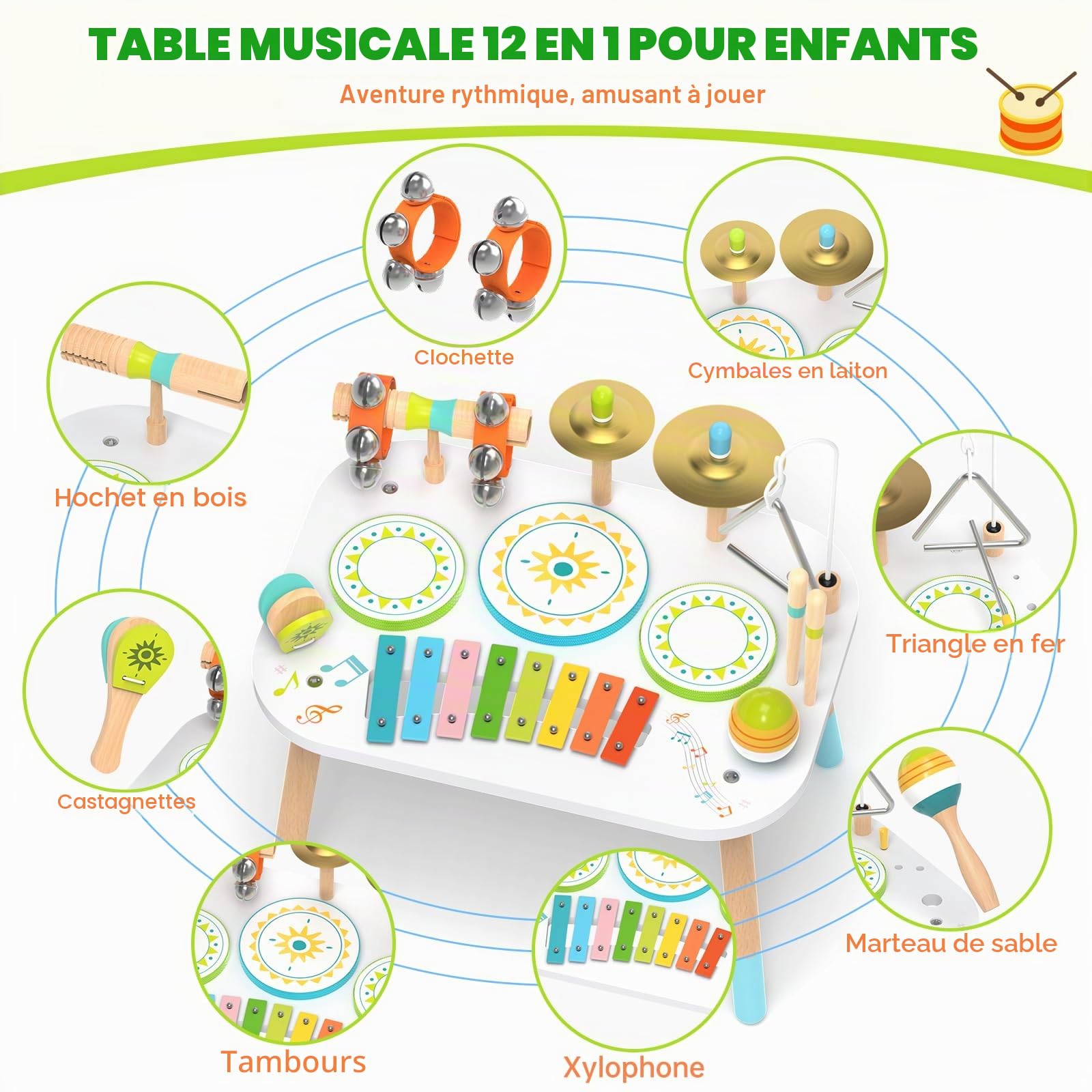 Batterie Enfant 12 en 1, Jouet Musical Montessori en Bois dès 1 an | Table musicale avec xylophone, bongos, cymbale, maracas et cloches ; cadeau d’anniversaire pour fille et garçon de 1 à 3 ans