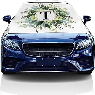 Windshield Cover for Ice and Snow, Car Windshield Snow Cover, Waterproof Snow Protector Covers with Side Mirrors Cover,Letter T, Farmhouse Eucalyptus Wreath Car Window Covers for Vans Suvs 86.6"x55"