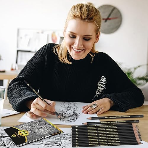 Miniatura 5 de Juego de lápices de dibujo para dibujo, paquete de 14 unidades, grafito, para arte, kit de lápices para bocetos, sombreado, lápices de artista para