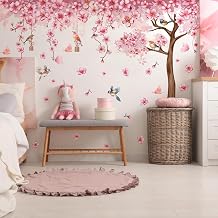 Pink Cherry Blossom Tree Wall Decals, Pink Floral Birds Butterflies Wall Stickers for Girls Bedroom Playroom Nursary, 59x35 inch