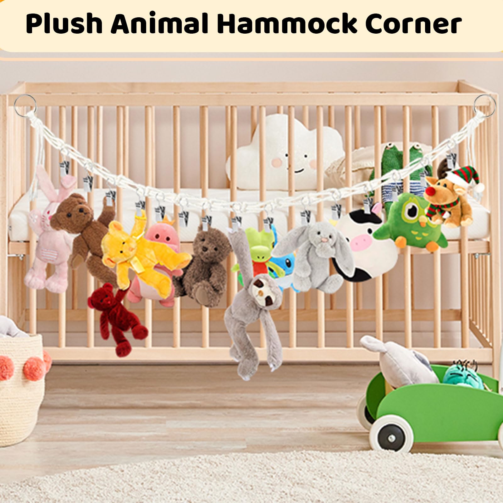 Mezrkuwr Soporte colgante para juguetes de peluche con 20 pinzas de metal, cadena organizadora de peluche, decoración para habitación infantil, para colgar sombreros, calcetines, tarjetas de Navidad