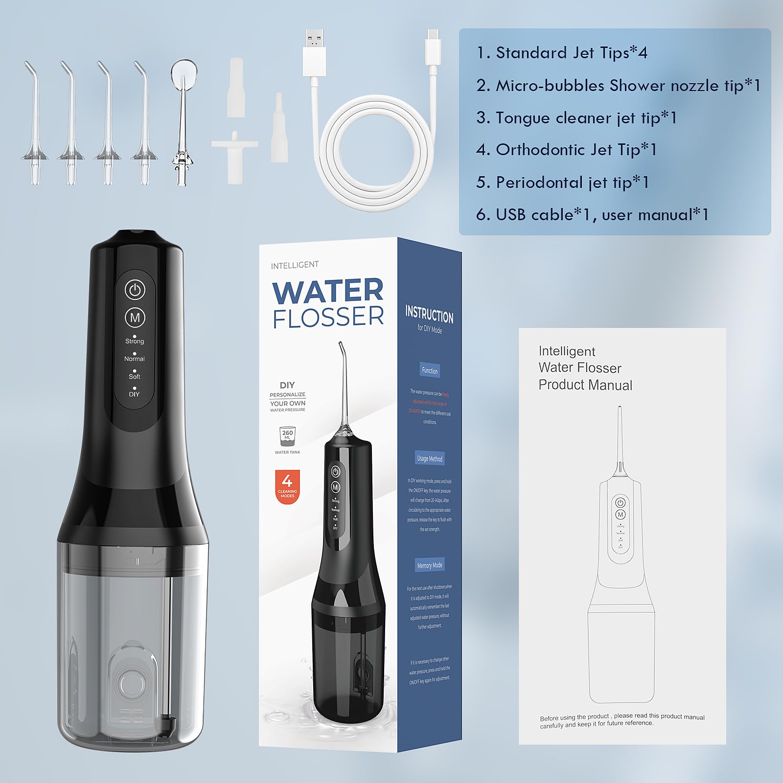 Irrigatore Orale Senza Fili, Idropulsore Dentale, Idropulsore Dentale da Viaggio, 4 Modalità e 5 Ugelli, 260Ml Elettrico Water Flosser, Ricarica USB, Impermeabile IPX6 per Viaggi a Casa (Nero)