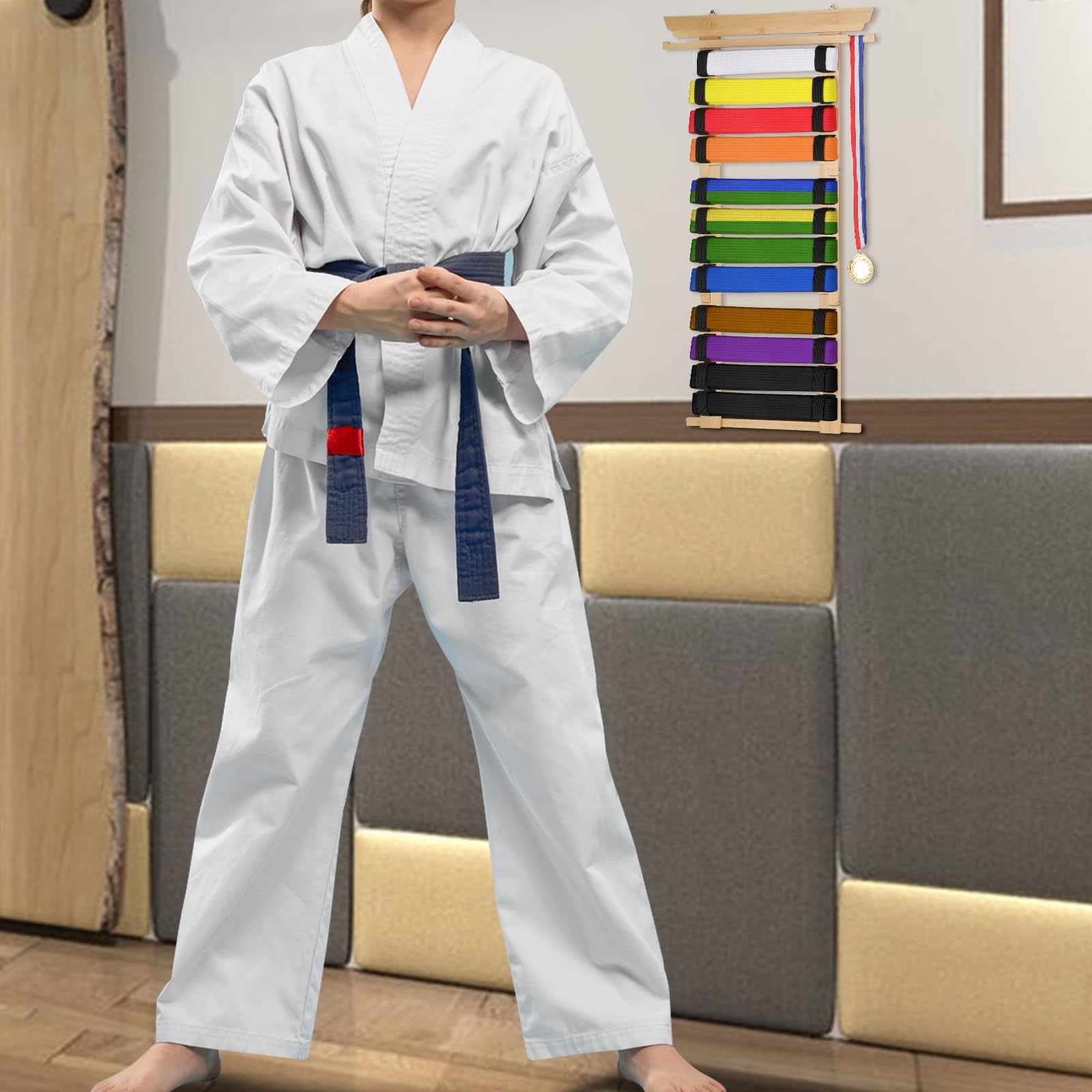 JUXYES Organizador de cinturones de artes marciales para pared 8-12 cinturones, soporte de bambú para karate