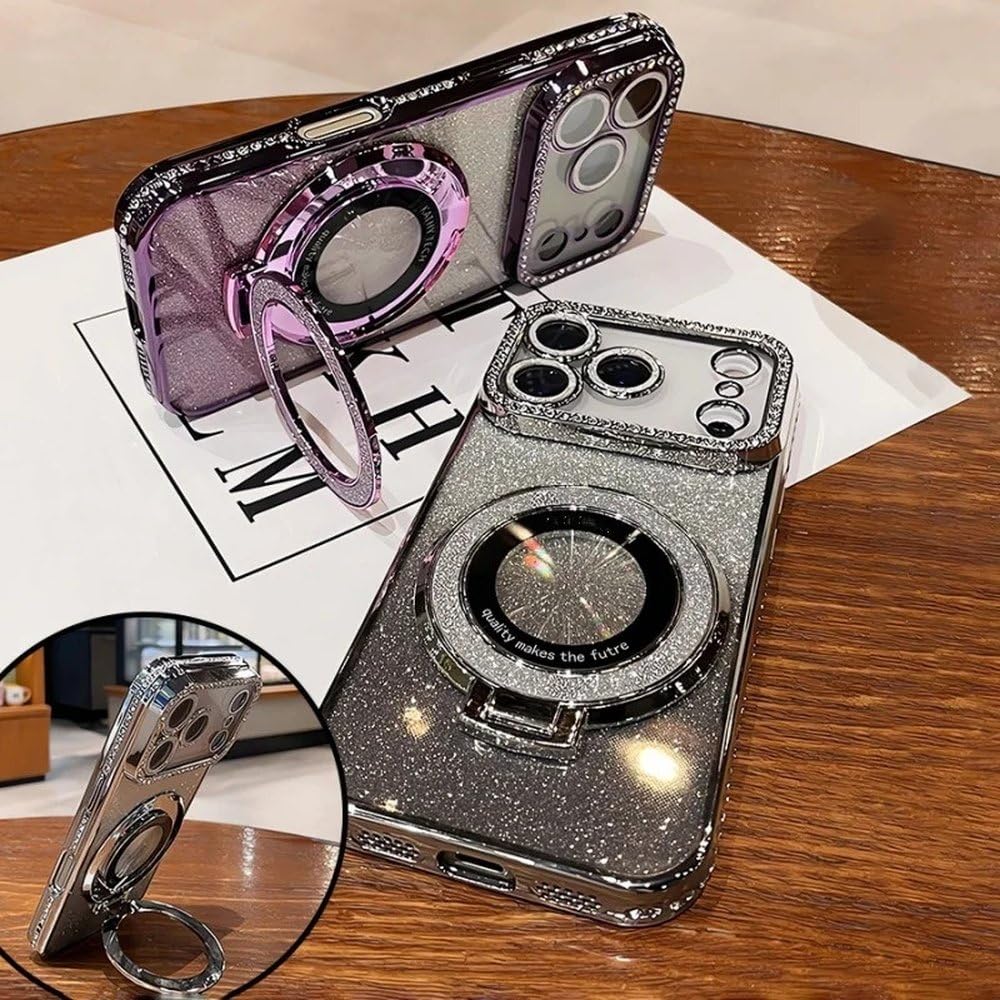 Funda magnética con Purpurina de Diamante Transparente para iPhone 17, 16, 13, 14 y 15 Pro MAX, con Soporte Protector de Lente, Color Azul, para iPhone 16