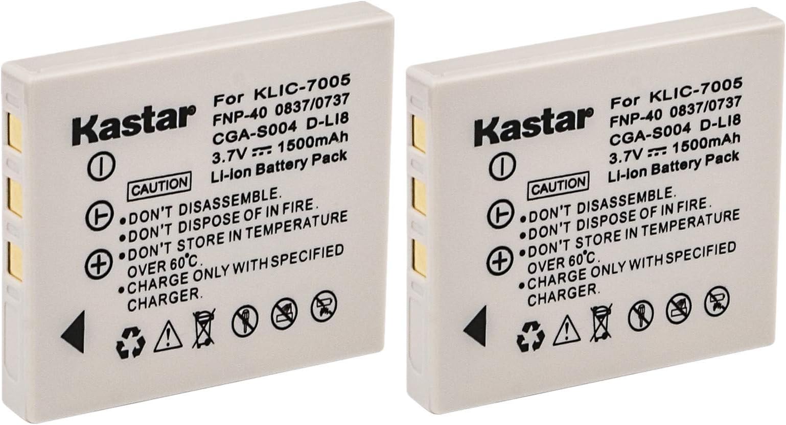 Kastar Compatible Battery 2-Pack Replacement for Fujifilm NP-40, NP-40N, Panasonic CGA-S004, CGA-S004A, CGA-S004E, CGR-S001B, DMW-BCB7, Kodak KLIC-7005, Samsung SLB-0737, SLB-0837, Sanyo NP-40, D-Li8
