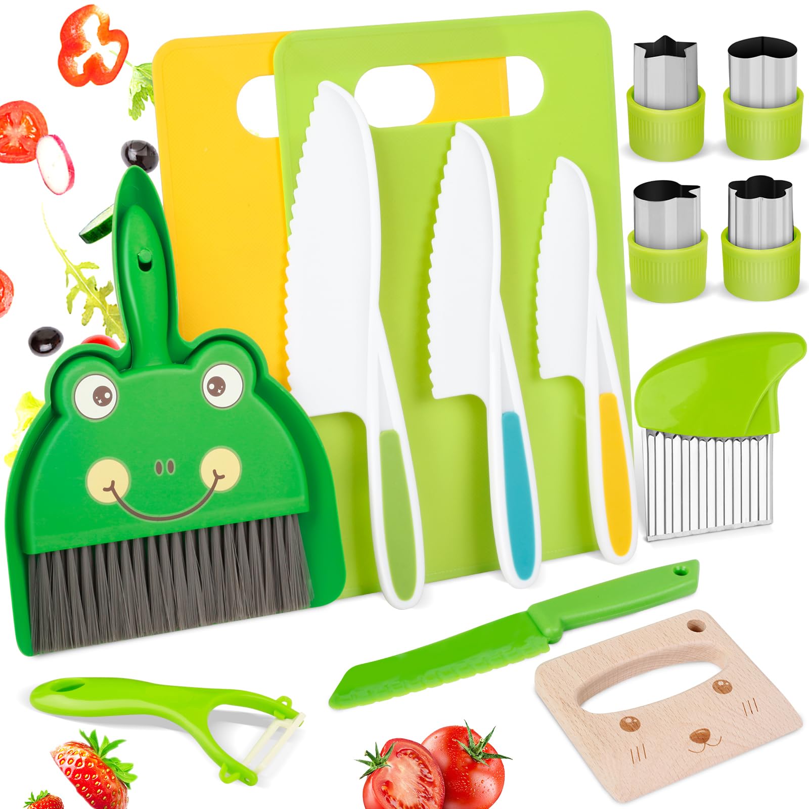 27 Pezzi Coltelli da Cucina per Bambini, Sicurezza Set di Coltello Bambini per Tagliare Frutta o Verdura, Utensili Cucina Montessori con Coltello in Legno, Tagliere, per Regali di Natale e Compleanno