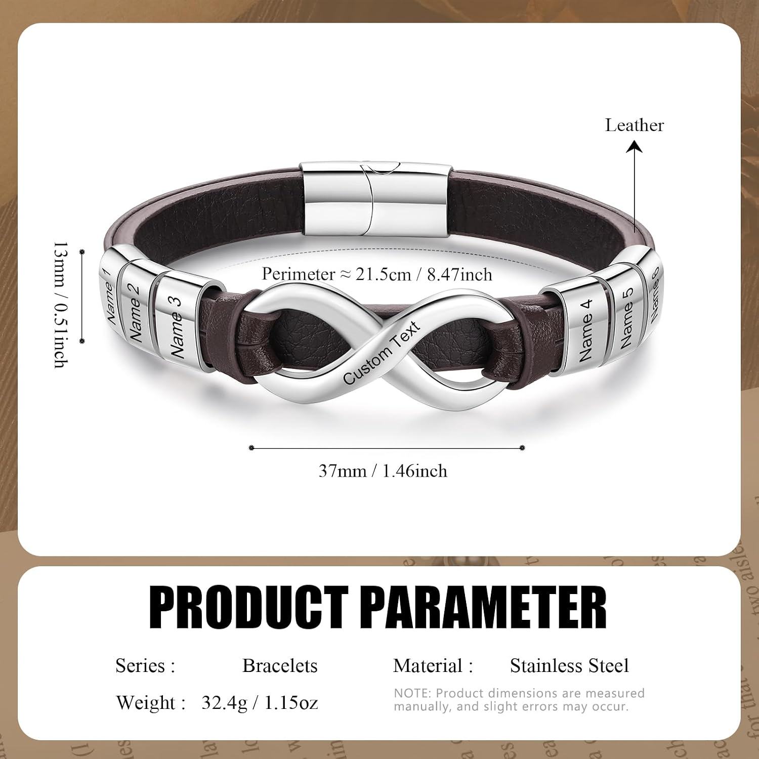 Personalized Infinity Name Bracelets for Men - Custom Mens Leather Bracelet with 2-6 Names Customized Gifts for Dad Husband Son Father's day