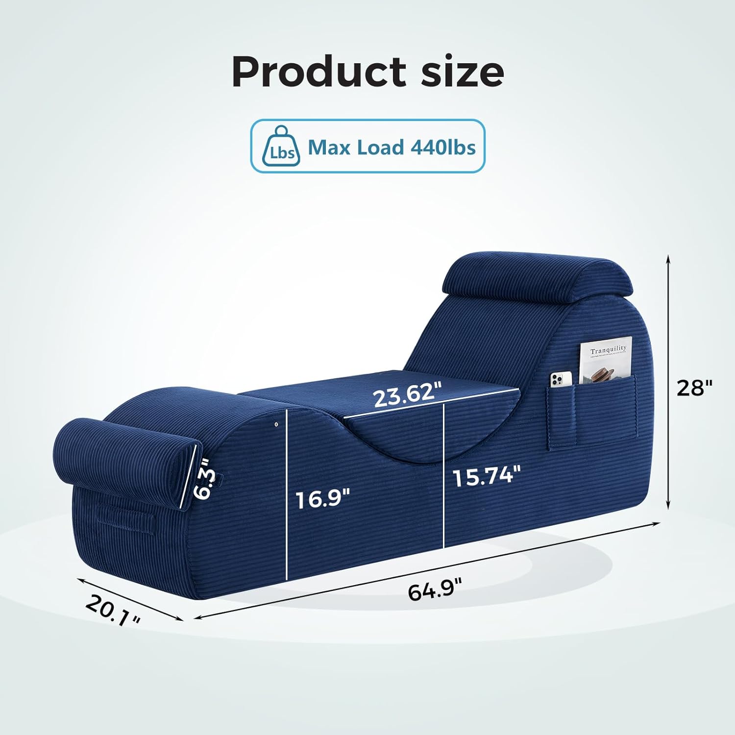 Yoga Chairs for Adults, Ergonomic Chaise Lounge Chair Indoor with Side Pocket, Lumbar Pillow, Ottoman, Yoga Chair Perfect for Stretching, Relaxation, Exercise, Used in Bedroom, Living Room（Blue）