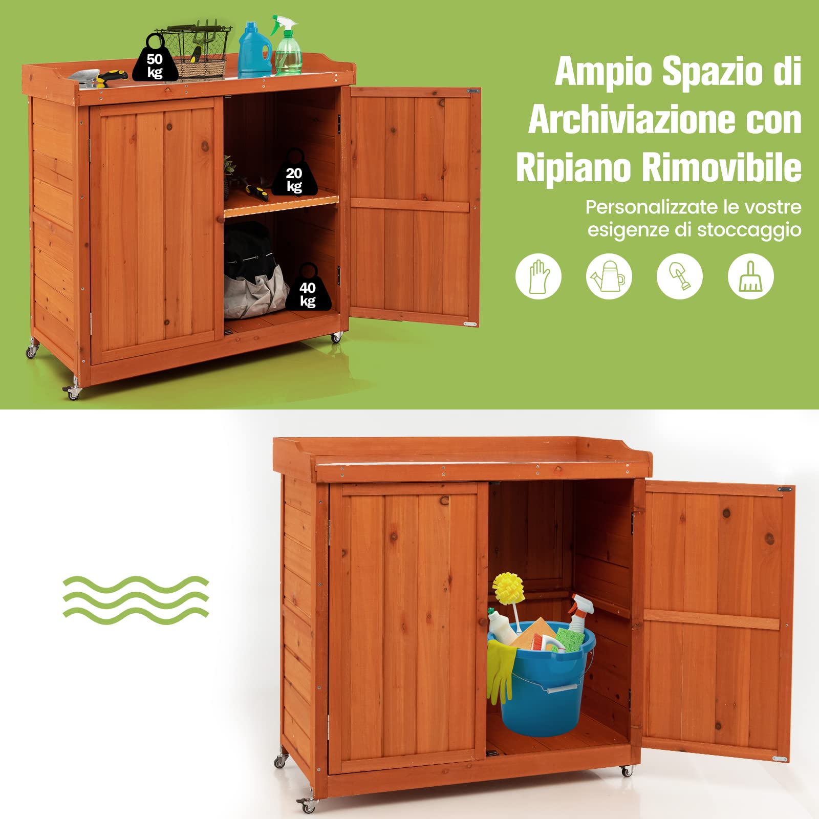 COSTWAY Armadio da Esterno in Legno, Casetta da Giardino con Ripiano Rimovibile e 4 Ruote Universali, Capanno Porta Attrezzi da Esterno e da Interno, 98,5 x 48 x 100 cm