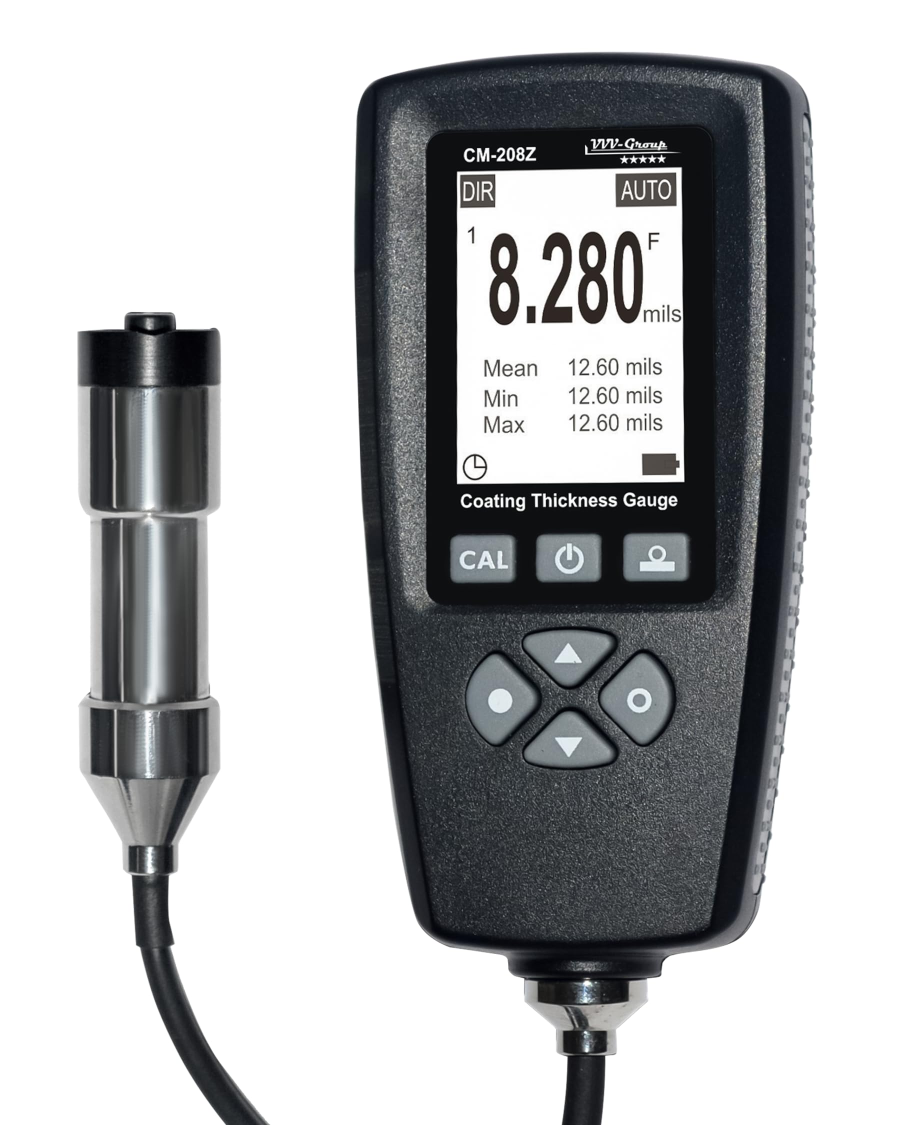 Coating Thickness Gauge CM-208Z – 0–3000µm (0–120 mils), 0.001mil Resolution, External Probe, Fe/NFe Auto Detection, 2000 Data Storage, USB PC