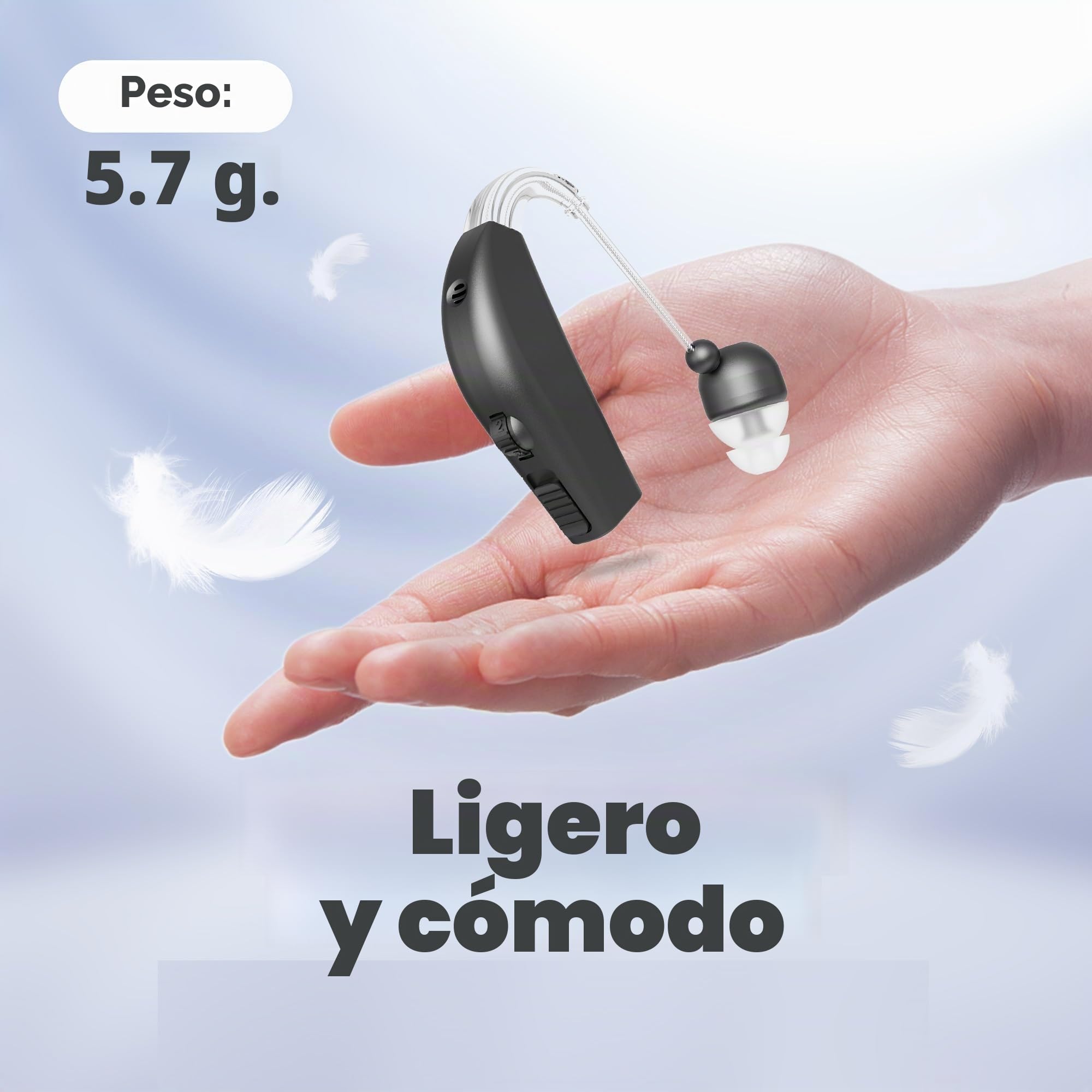Dispositivo de sonido personal, batería recargable para todo el día, ligero, detrás de la oreja, dispositivo de voz con sonido BTE, negro