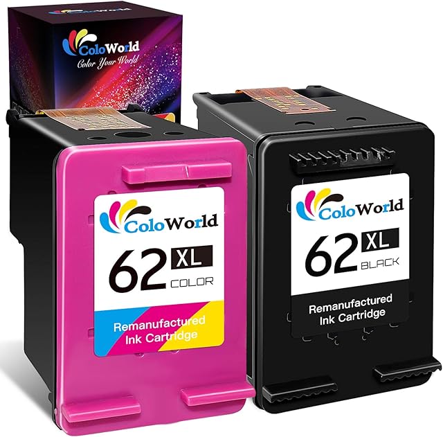 ColoWorld 62 Ink Cartridges Twin Pack, 62XL Remanufactured for HP 62 Ink Cartridges Compatible With HP OfficeJet 200 250 5740 5742 5744 Envy 7640 5540 5544 5545 5546 5547 5548 5640 Printers(2-Pack)