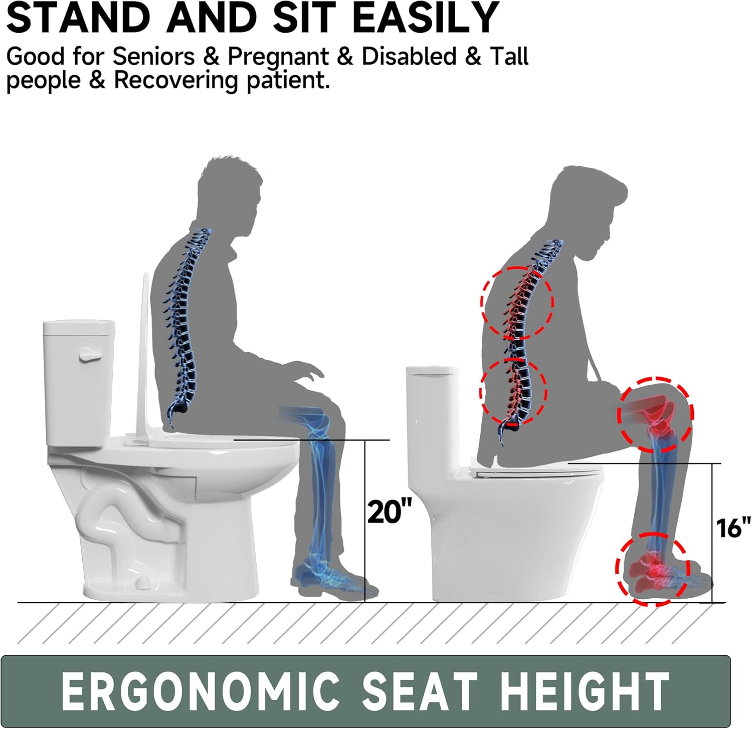 19 Inch Elongated Tall Toilet ADA Height Seat 20", Single Flush 1.28 GPF, Left-Hand Trip Lever, Powerful Tornado Flush Two Piece, 12" Rough-in for Bathroom, Comfort Bowl Heigh 19", White