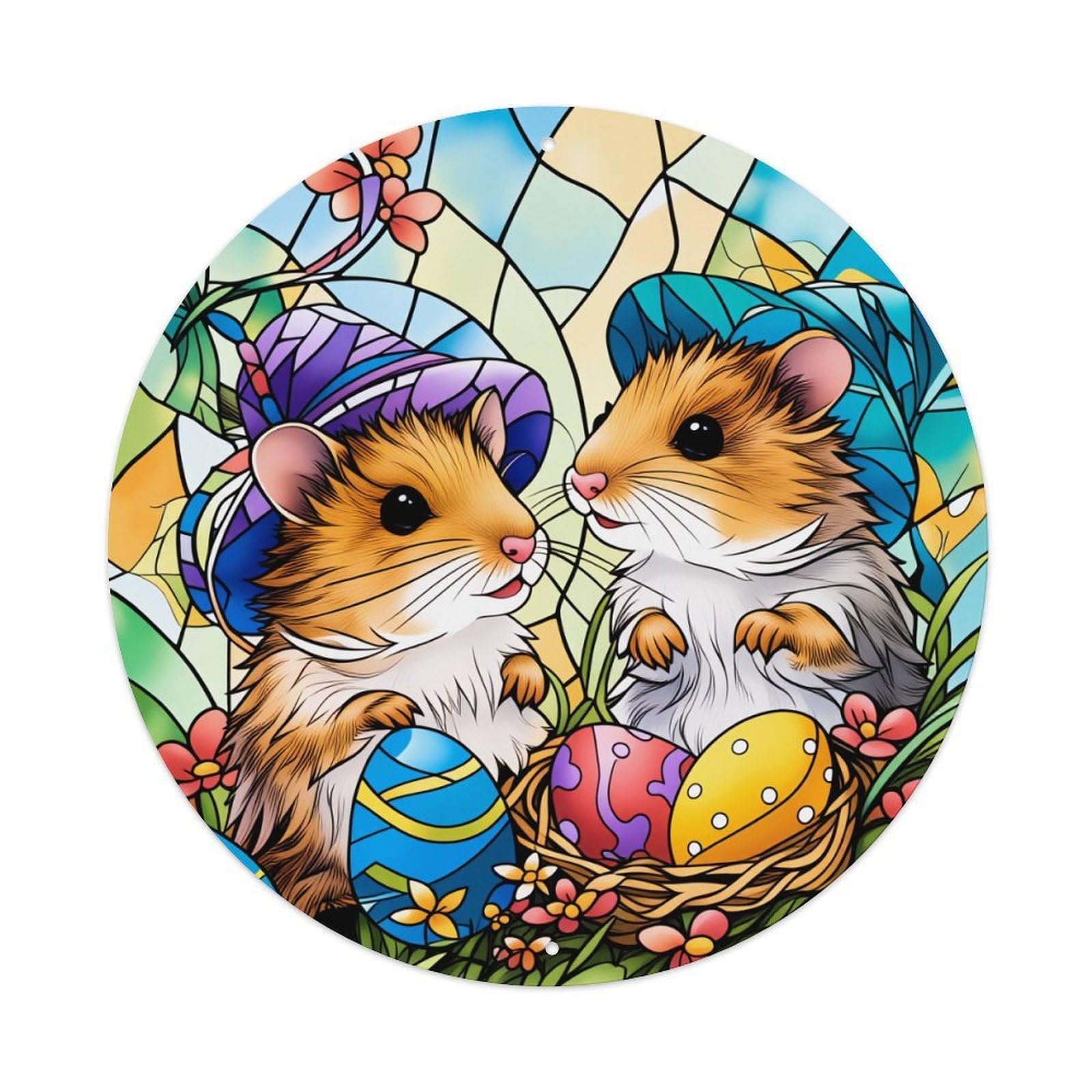 Colorful Easter Mice Eggs Garden Round Tin Sign Vintage Metal Poster Retro Bar, Home, Man Cave, Kitchen, Laundry Room Wall Art Decor Gift 8x8Inch