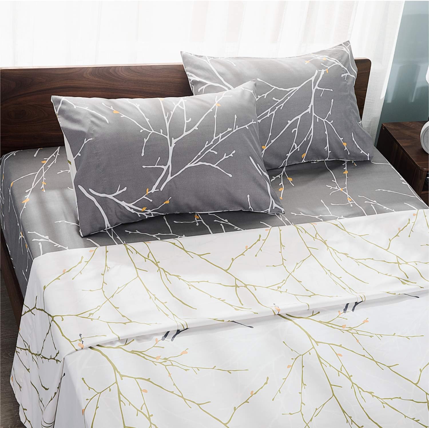 Bedsure Printed Bed Sheets Twin Size - Super Soft Brushed Microfiber, Tree Branch Patterned Sheets - 3-Pieces Sheet Set with 14-Inch Deep Pocket Fitted Sheet (Grey/Camel)