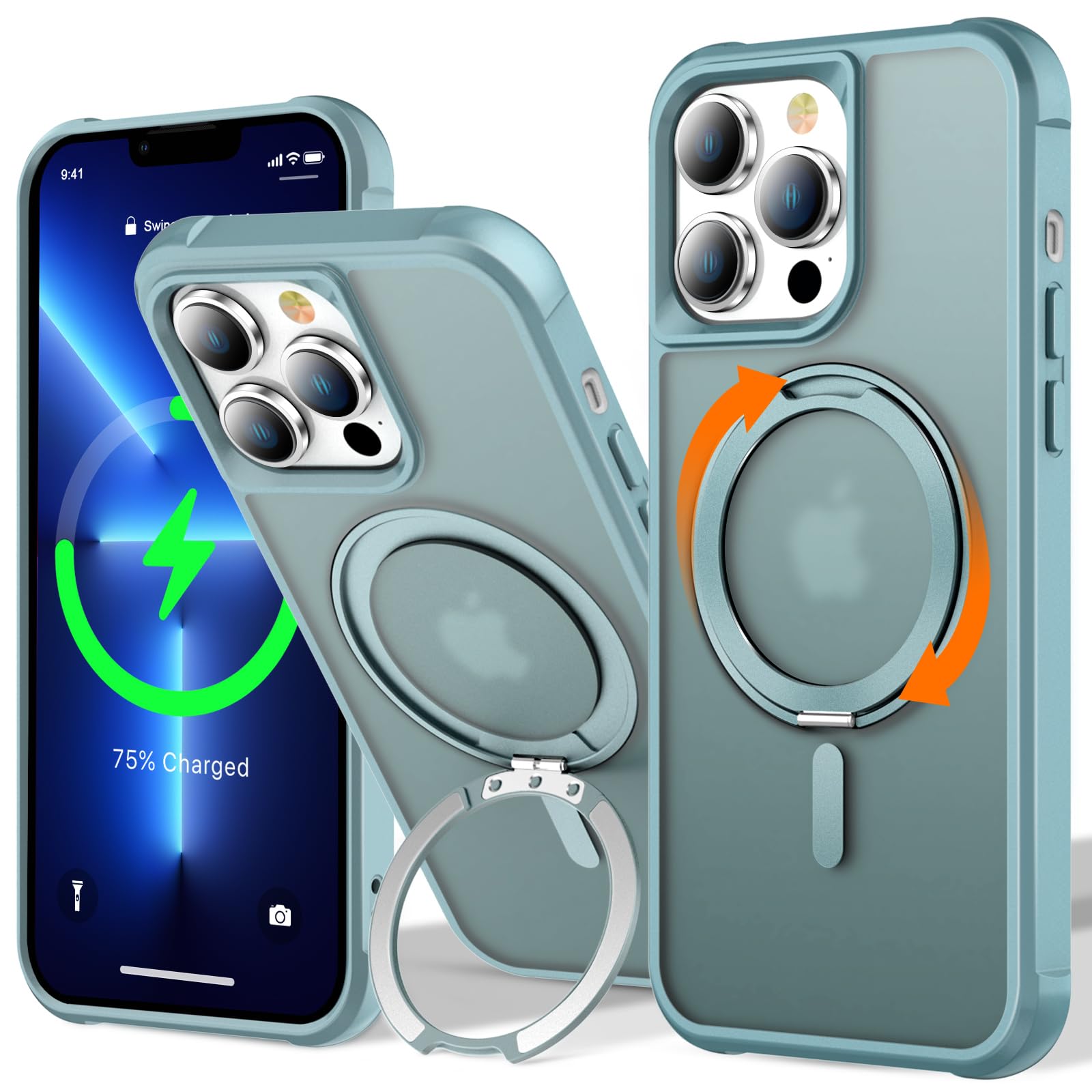 UMIONE 360° Rotatable Magnetic Ring Design for iPhone 13 Pro, Built-in Invisible Loop Stand, Compatible with Magsafe, Translucent Ultra Slim Military Grade Shockproof Case - Green