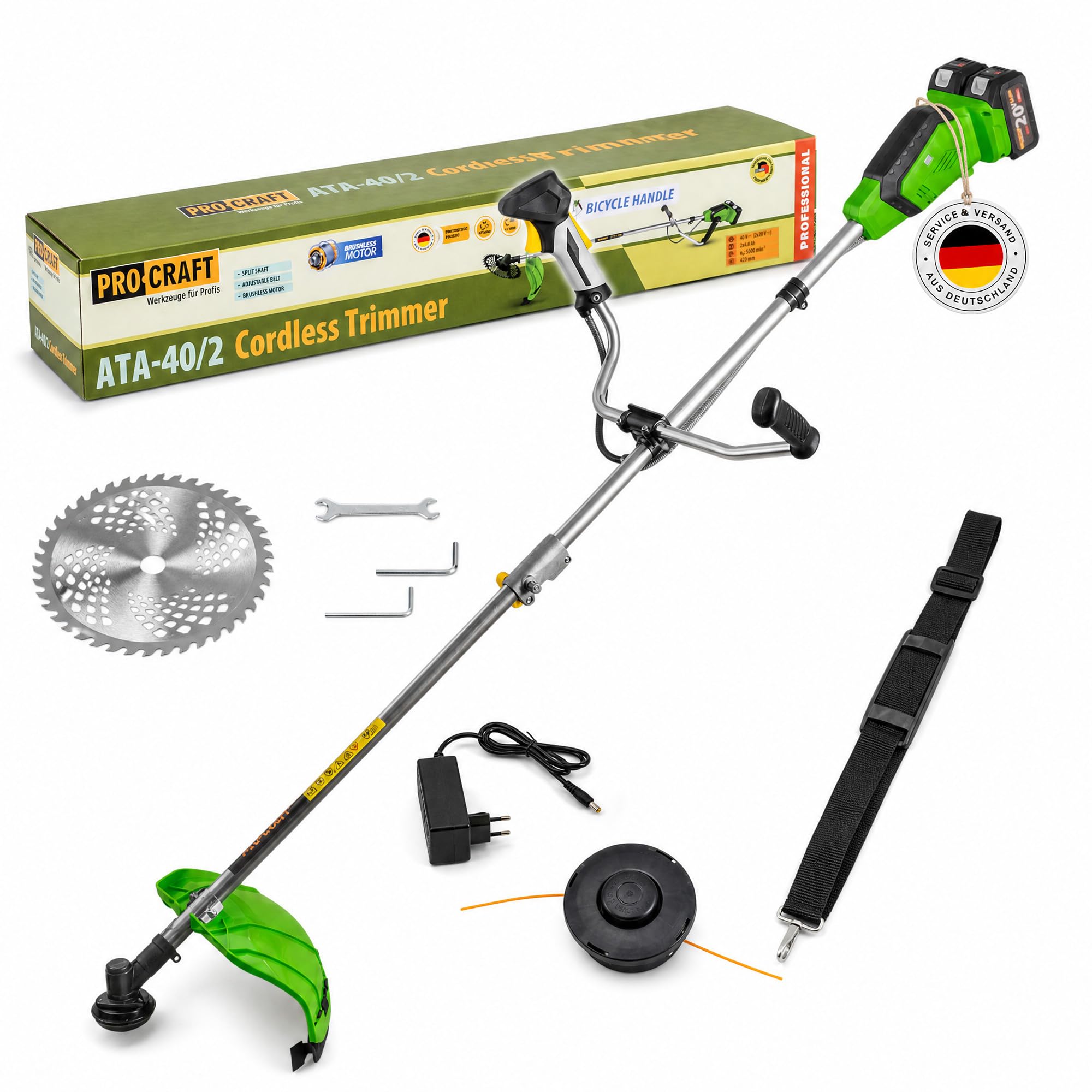 Procraft ATA-40/2 akumulatorowa podkaszarka 40 V (2 x 20 V) 220 mm bezszczotkowa + 2 x akumulator 4,0 Ah + ładowarka