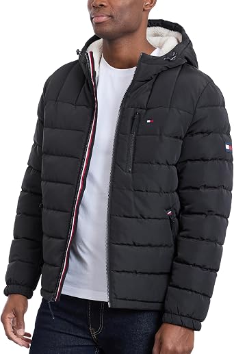 Tommy Hilfiger Men's Midweight Sherpa Lined Hooded Water Resistant Puffer Jacket Coat