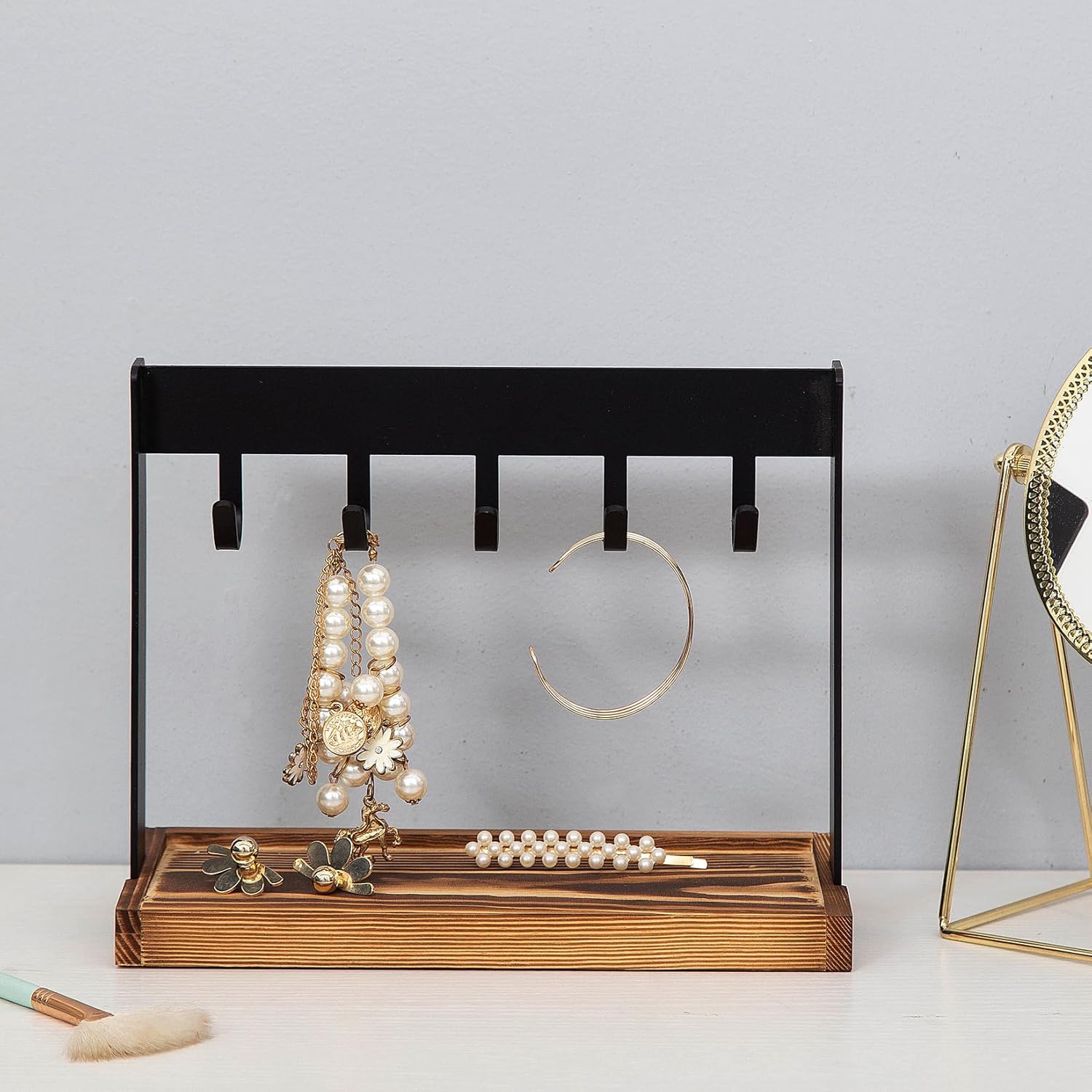 Metal 5-Hook Table Key Holder Torched Wood Base Rustic Industrial Tabletop Countertop Organizer Matte Rack Hanging Hooks Burnt Wooden Bottom Slot Rings Coins Accessories Jewelry Daily Supplies
