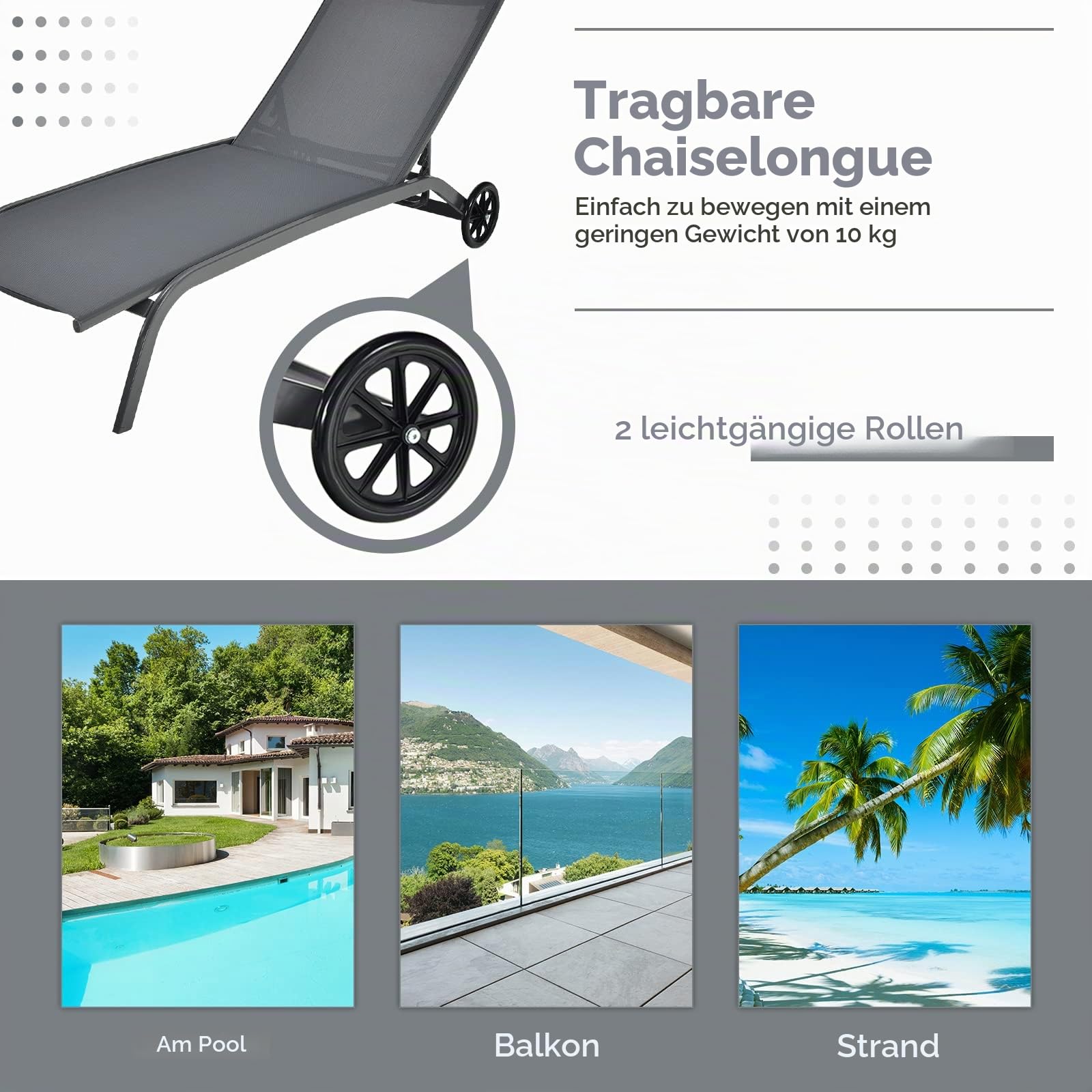 GIANTEX Sonnenliege, Gartenliege mit Rollen, Liegestuhl mit 6-Fach Verstellbarer Rückenlehne, Outdoor Liege für Garten, Balkon & Pool, belastbar bis 150kg, 191 x 61 cm (ohne Sonnendach, Grau)