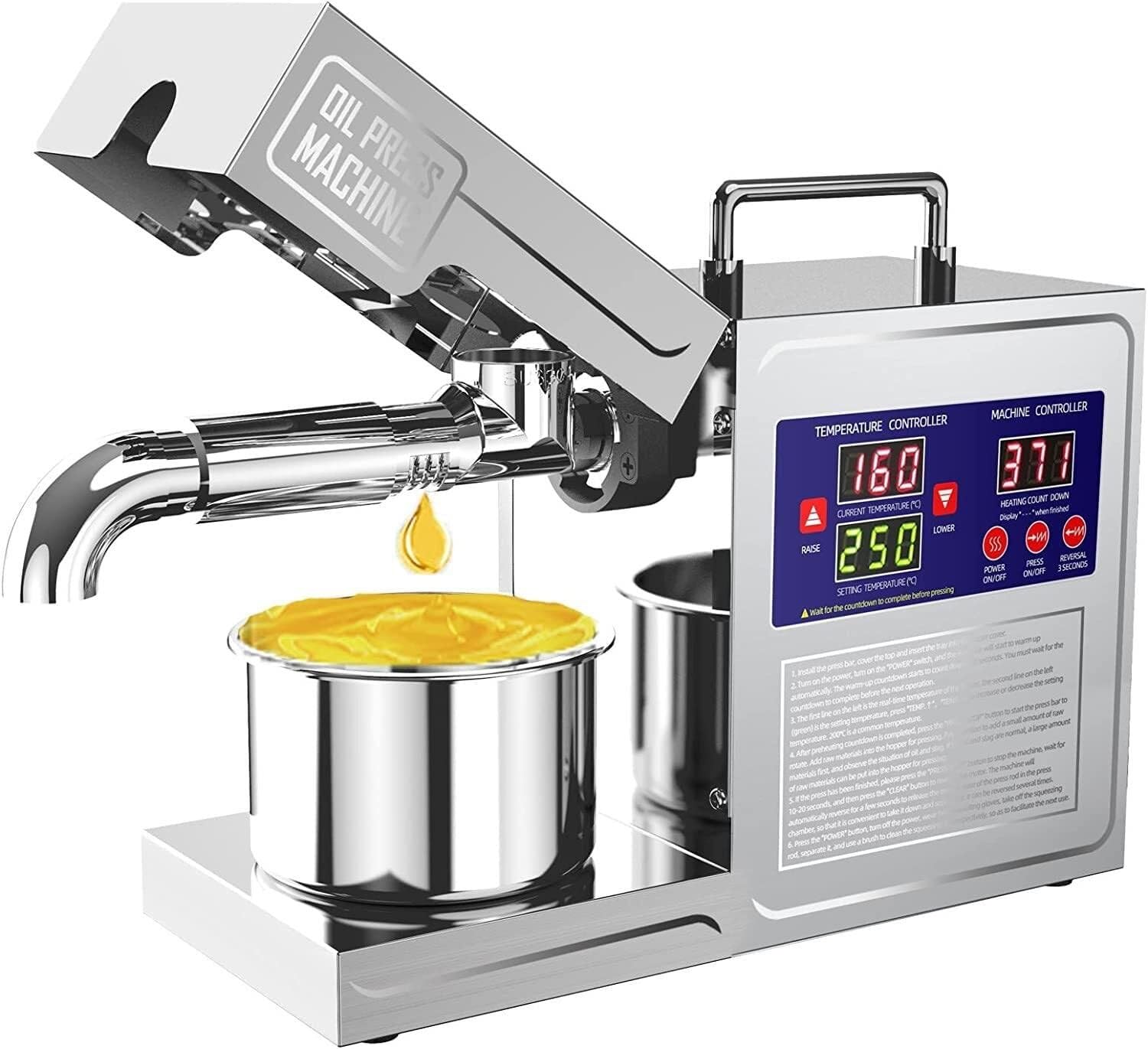 Automatische Ölpresse, 800 W Kalt-/Heißpresse, 24 Stunden Dauerarbeit