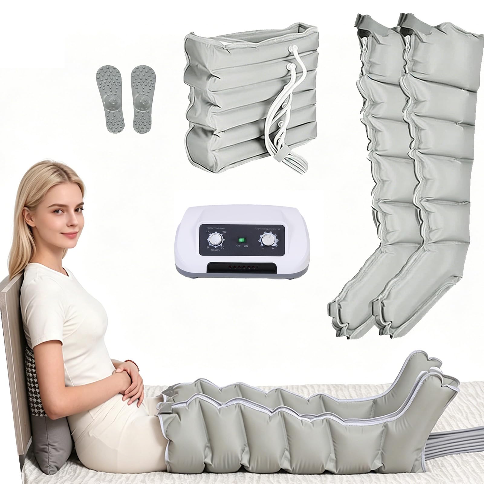 Buty Kompresyjne, Masażery Nóg Na Ból i Krążenie, 6-Komorowy System Pneumatyczny, Ustawienie Czasu 0–30 Min i Ciśnienia 0–240 Mmhg, Zmniejsza Obrzęki i Zmęczenie, Łagodzi Obrzęki Nóg