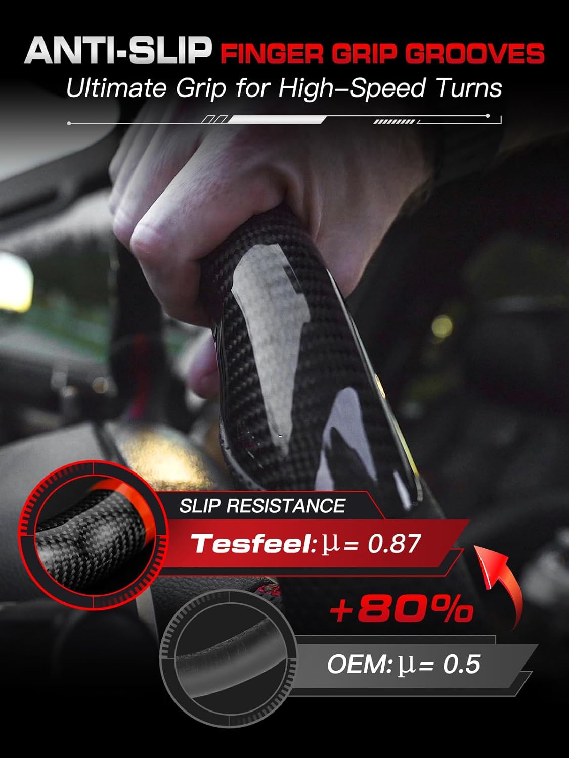 Real Carbon Fiber Steering Wheel Frame for Ram 1500 TRX (2021-2024) - Built-in Heating & Paddle Shifter Compatible, Flat Bottom D-Shape, Perforated Nappa Leather, Red Stitching