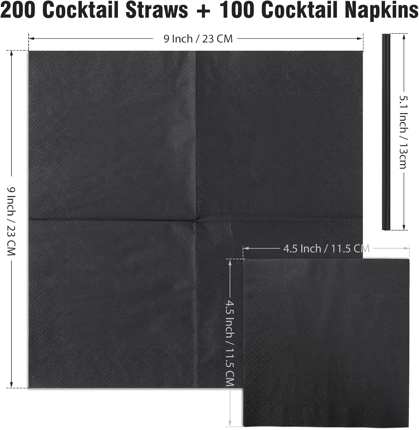 [300 Pcs] Cocktail Straws and Cocktail Napkins Set - 5 Inch Black Disposable Plastic Straws and 4.5"x4.5" 2-Ply Paper Napkins for Bar,Party,Drinks,Beverage