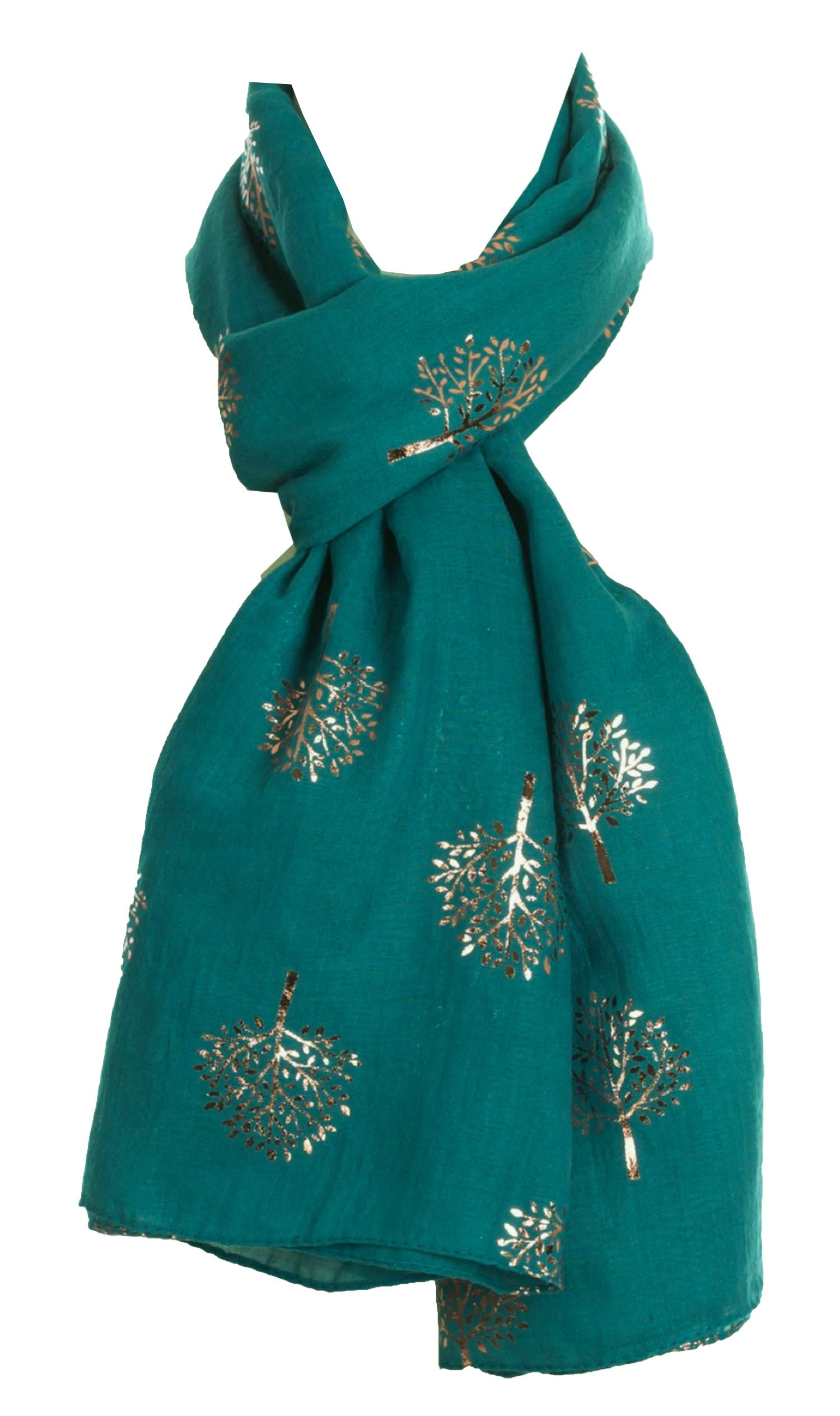 World Of Shawls Women's Teal With Pink Foil Mulberry Tree Silver Foil Mulberry Tree Print Fashion Scarf (Teal With Pink Foil Mulberry Tree)