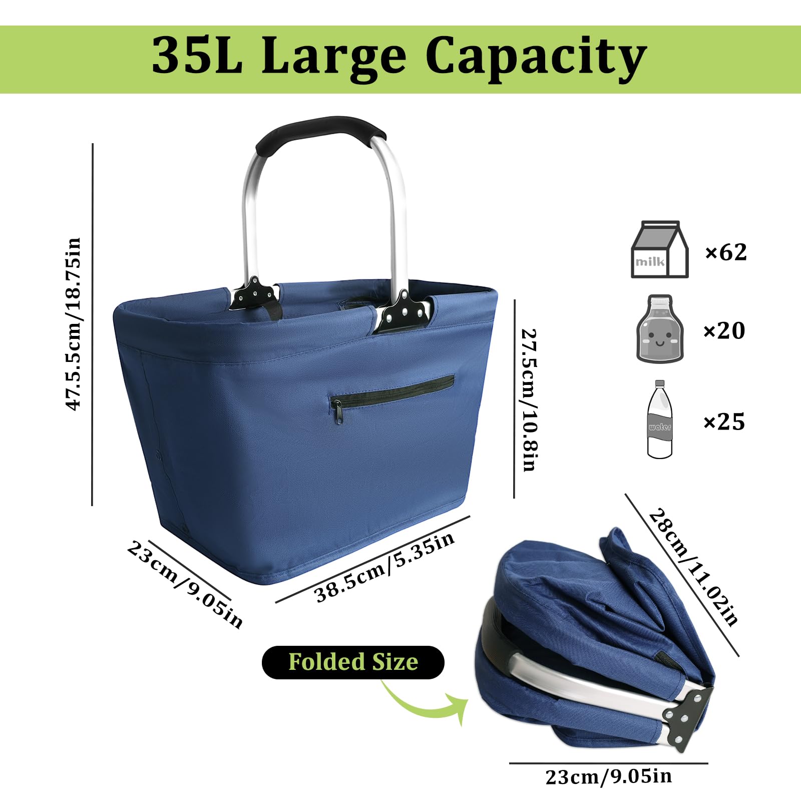 Sac Pique Nique Isotherme Pliable, Sac Isotherme 35 L, Grand Panier Isotherme avec poignée Aluminium e Couvercle pour Camping, Voyages, Shopping, Activités de Plein Air