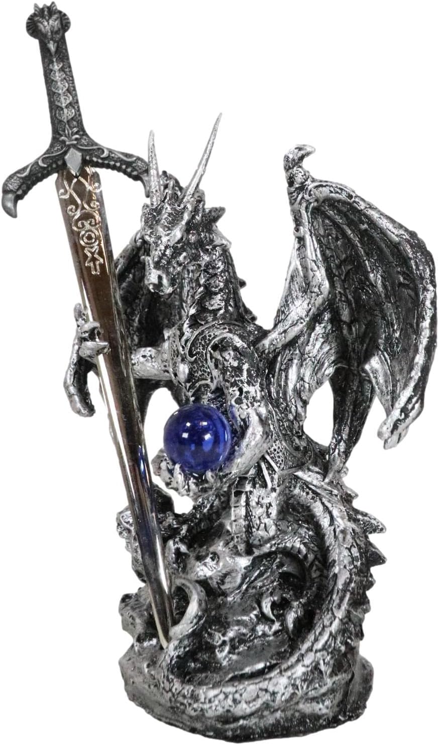 Ebros Gift Legendary Silver Dragon Carrying Magical Orb and Excalibur Sword Letter Opener Figurine Sculpture Home and Office Decorative Sculpture Medieval Renaissance Dungeons and Dragons Fantasy
