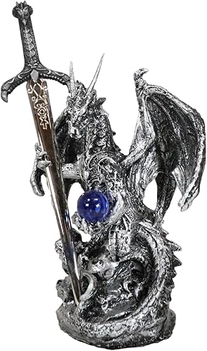 Miniatura 7 de Ebros Gift Dragón de plata legendario que lleva orbe mágico y espada Excalibur abrelatas, escultura decorativa para el hogar y la oficina, escultura