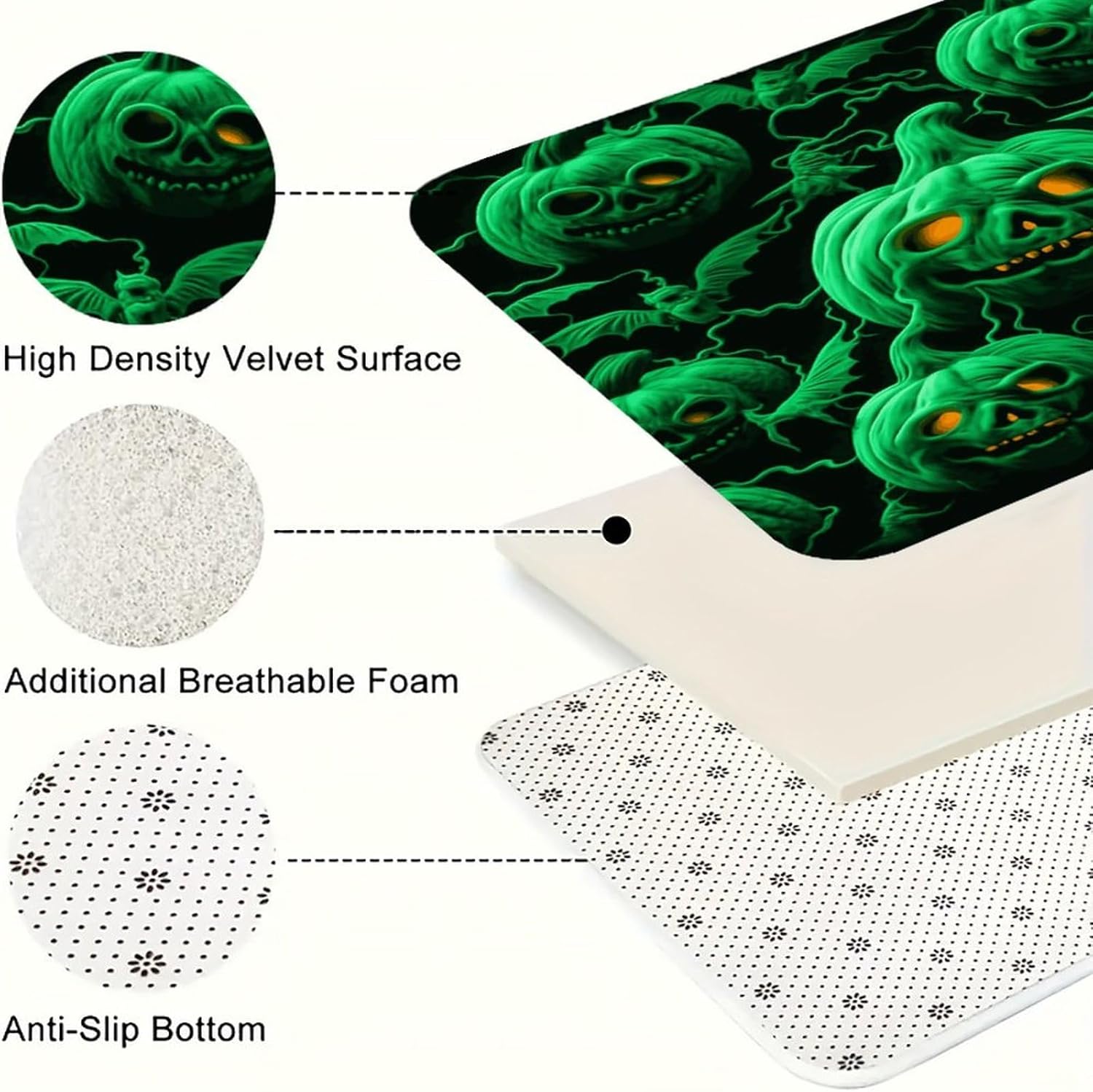 Green Ghost Horror Halloween Pumpkin Kitchen Mats with 2PCS Non-Slip Washable,Kitchen Rug Heavy Duty Durable, Floor Mats for Kitchen,Office,Sink,Laundry