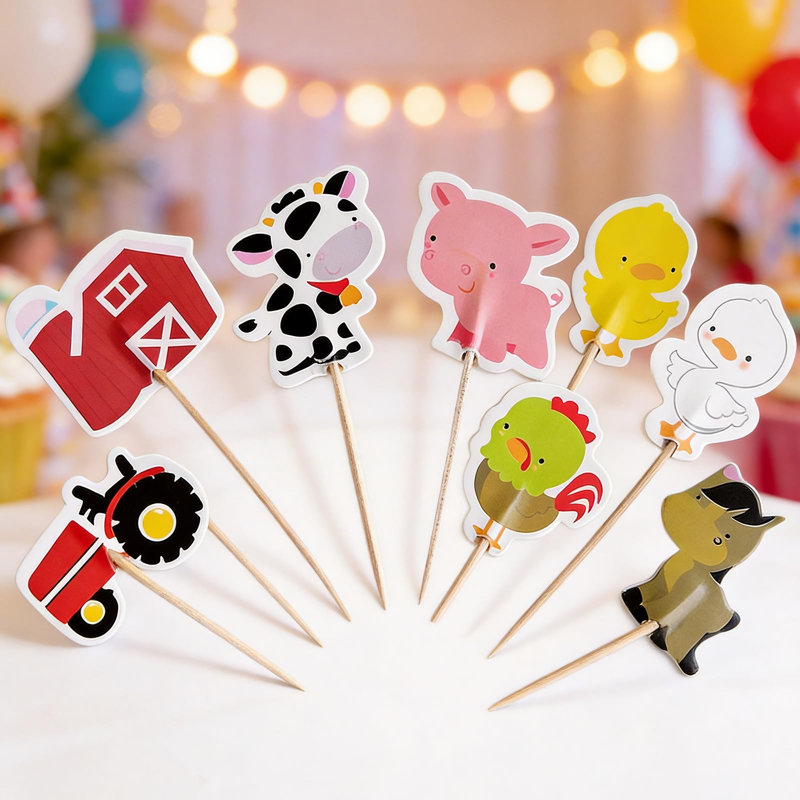 Farm Animal Cake Toppers 24PCS - Non Edible Cupcake Decorations for Kids Birthday Party, Reusable Cardboard Toppers with 8 Cute Designs (Farmhouse, Tractor, Cow, Pig, Sheep, Chicken, Duck, Horse)