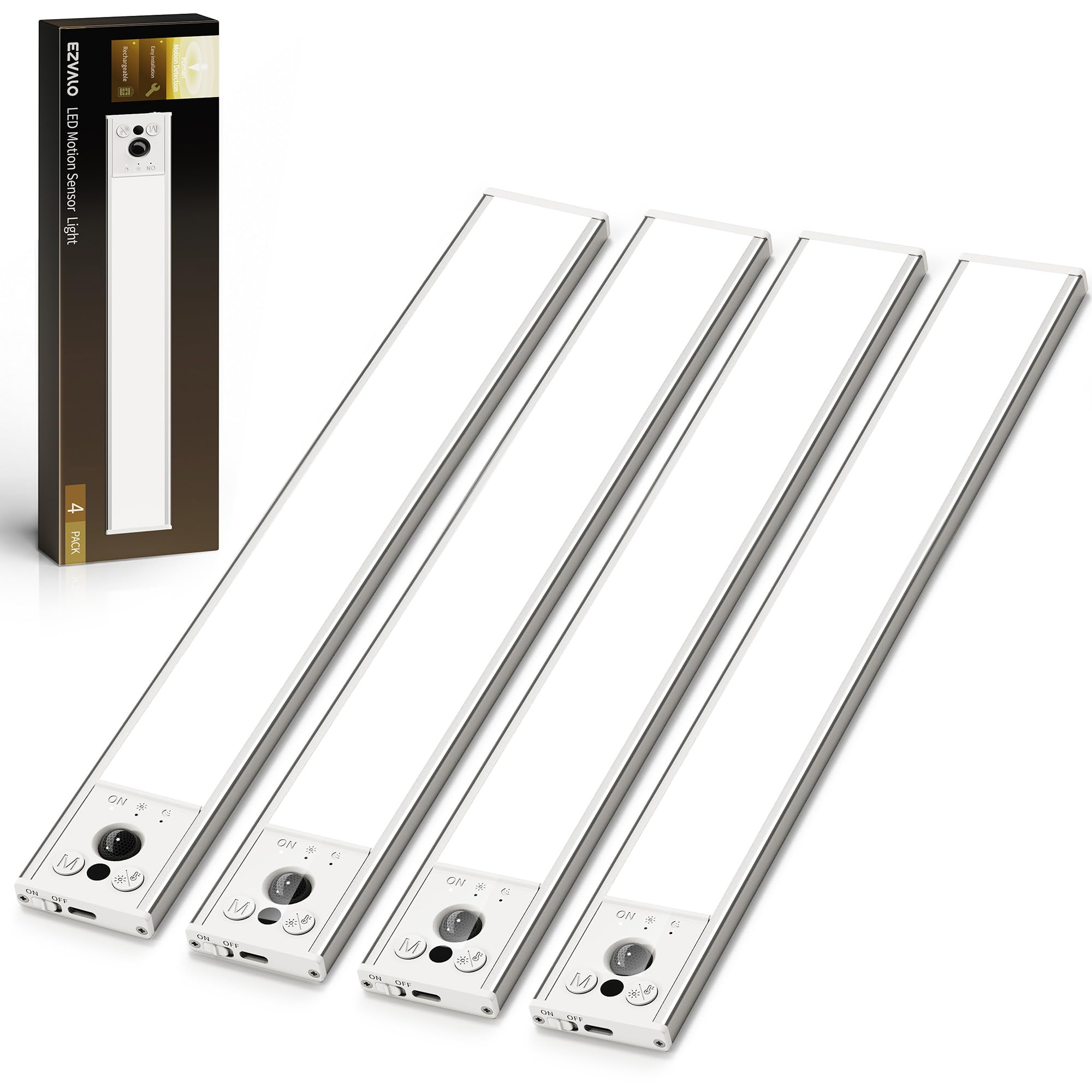 Photo 1 of EZVALO 12-inch Under Cabinet Lighting, 3200mAh Rechargeable Motion Sensor Light Indoor, with Dimmable & 3 Color Temps, Magnetic Closet Lights, Wireless Under Counter Lights for Kitchen, Stairs(4-Pack)