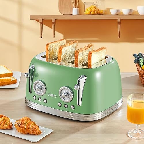 Miniatura 4 de Tostadora de 4 rebanadas, tostadora verde retro, bagel, con tapa de acero inoxidable. Funciones de recalentamiento, descongelación y cancelación,