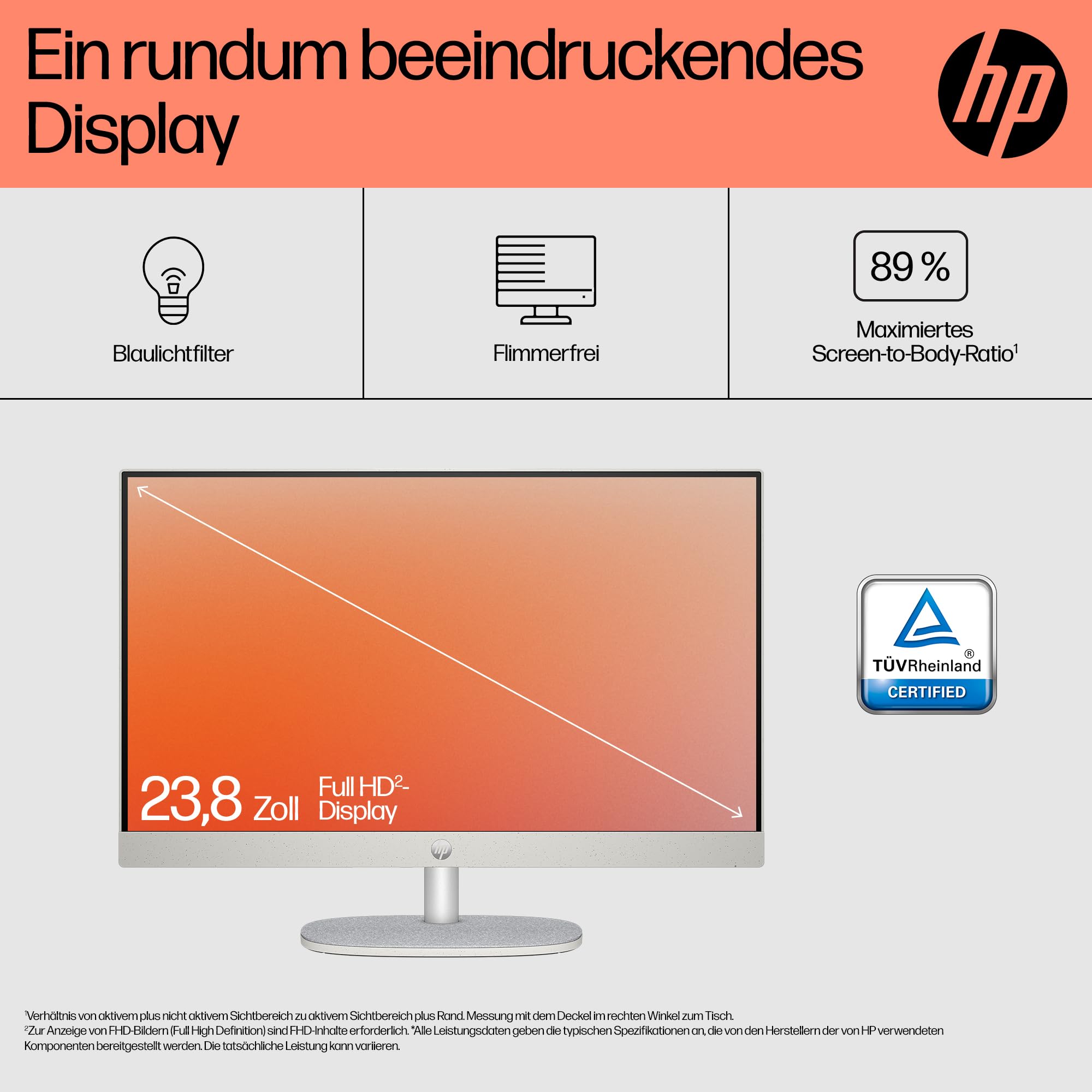 HP All-in-One Desktop-PC |23,8" FHD Display | AMD Ryzen™ 5 7520U | 8 GB DDR5 RAM | 512 GB SSD | AMD Radeon™-Grafikeinheit | Windows 11 Home | Weiß