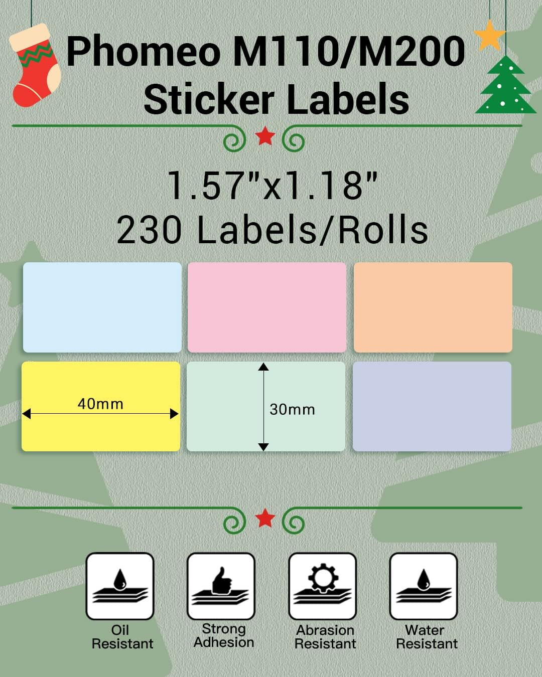 Phomemo Sticker Labels 1.57"x1.18"(40x30mm) 6 Rolls, for M110/M110S/M120/M200/M220 Printer - Pink/Blue/Khaki/Green/Yellow/Purple, for Small Business, Home, Office, 230 Labels/Roll