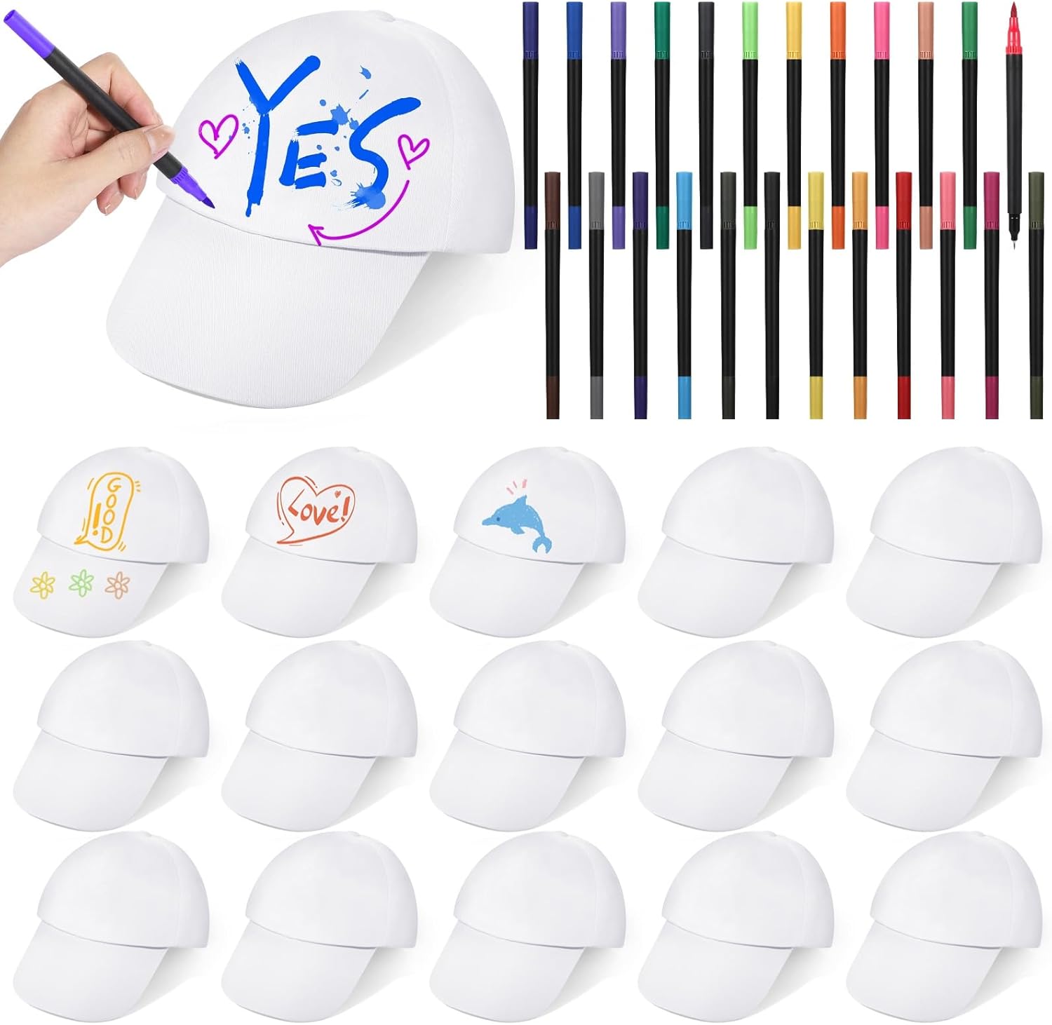 DIMEGON White DIY Hats Set, 32PCS Kids DIY Hats with 48 Colored Pens for Youth,Halloween DIY Painting Blank Baseball Hats, Creative Adjustable Baseball Cap Hat for Family Bond,Parties, Crafts, Art