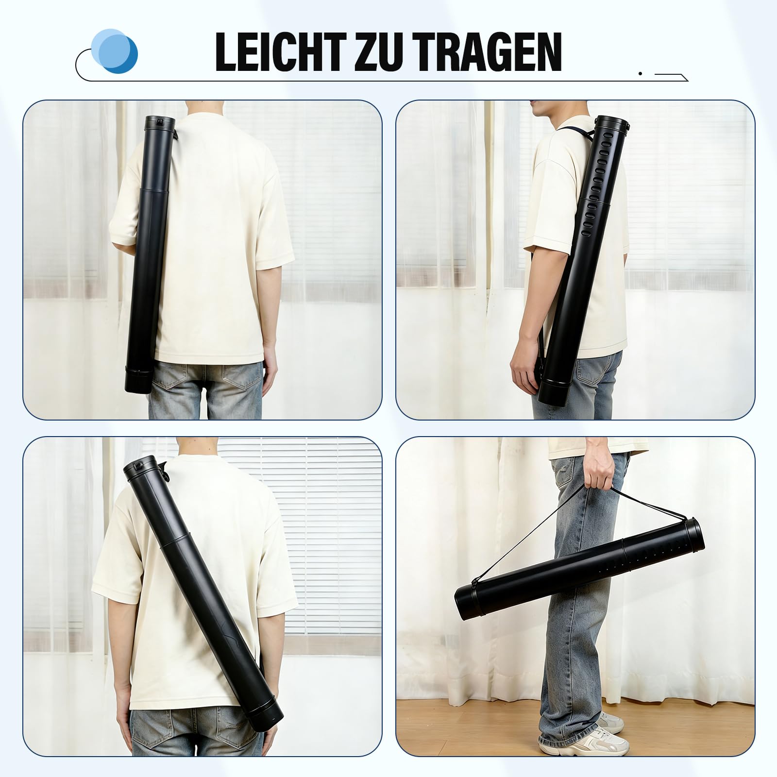 DEWEL Teleskop Posterrolle A0, Transportrolle Zeichenrolle, 62–107cm, Köcher für Bilder Poster und Flipchart Papier, Länge und Tragegurt verstellbar Kunststoff Zeichnungen 1 Stück (Schwarz)
