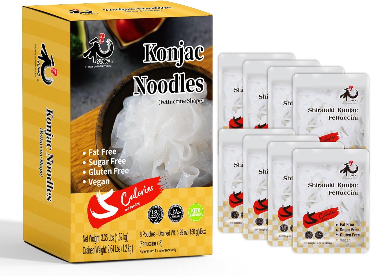 YUHO Shirataki Konjac Fettuccine, 8 x 190 g, Vegan, Low Calorie Food, Gluten Free, Fat Free, Keto Friendly, Low Carbs, Healthy Diet 53.61 Oz (1520 g)