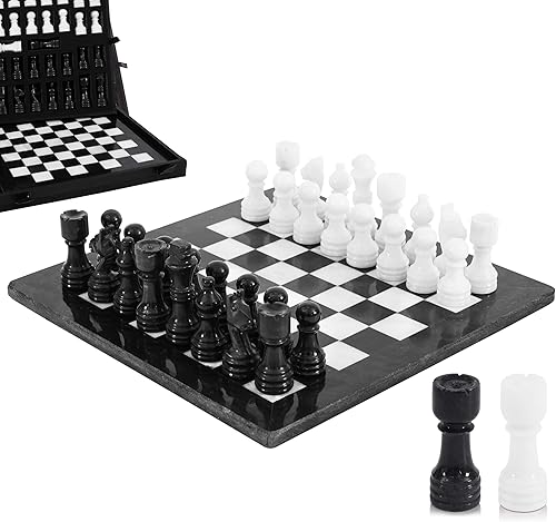 Juego de ajedrez de mármol para adultos de 12 pulgadas, hecho a mano, juego de mesa blanco y negro con 32 piezas de ajedrez, 2 reinas adicionales y